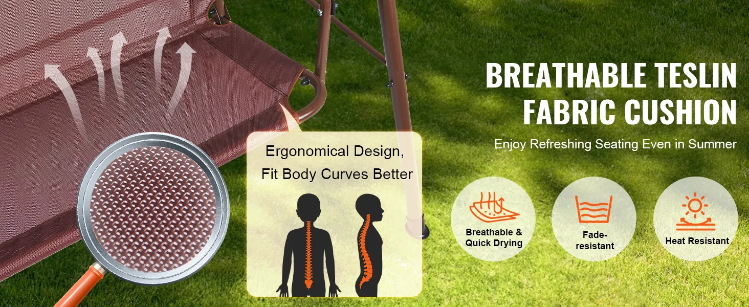 VEVOR patio swing chair with breathable teslin fabric cushion, heat-resistant and ergonomic design.