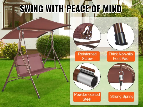 VEVOR patio swing chair with reinforced screws, non-slip foot pads, powder-coated steel, and strong springs.