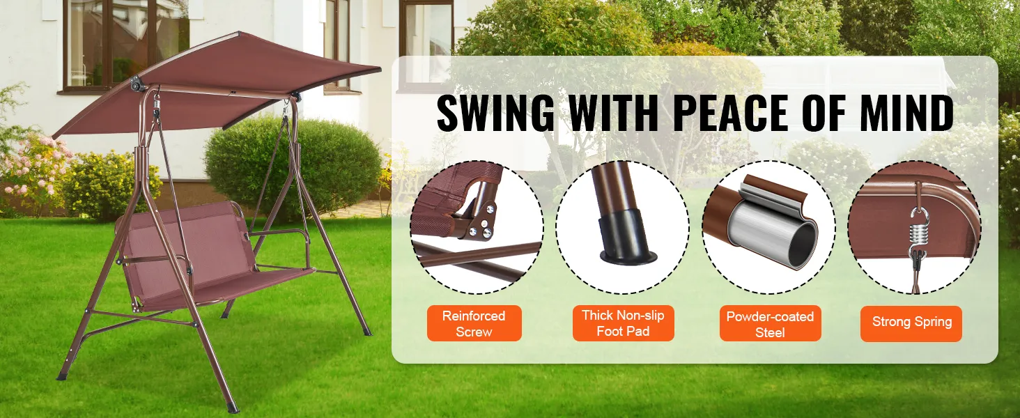VEVOR patio swing chair with reinforced screws, non-slip foot pads, powder-coated steel, and strong springs.