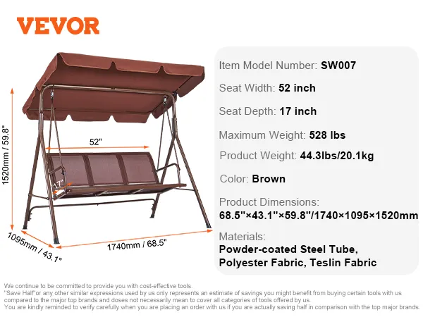 Sedia a dondolo da giardino VEVOR con baldacchino marrone, dimensioni 68,5"x43,1"x59,8", supporta fino a 528 libbre.