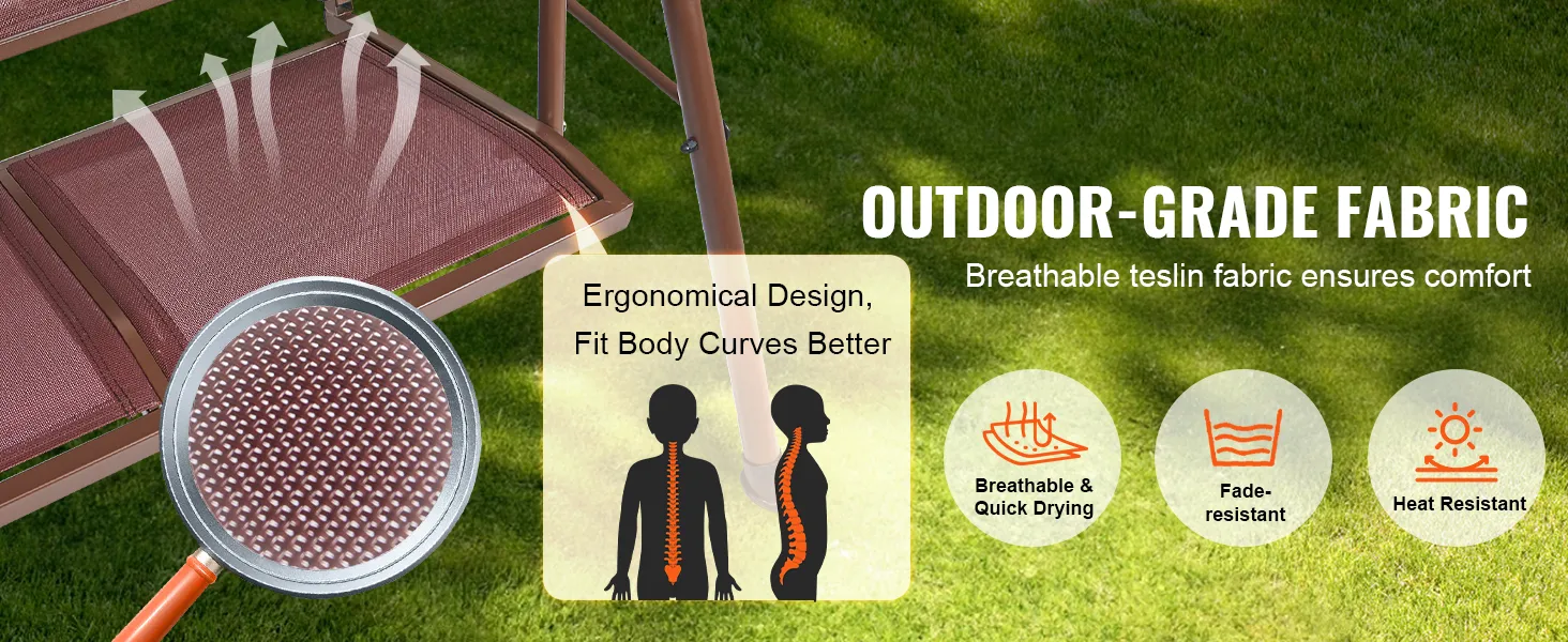 Sedia a dondolo da giardino VEVOR con tessuto traspirante Teslin, design ergonomico e caratteristiche anti-scolorimento.