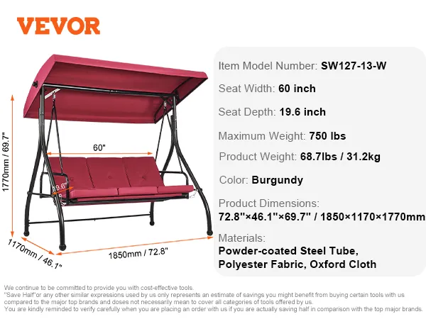 VEVOR patio swing chair, burgundy, 60-inch seat width, powder-coated steel frame, canopy shade.