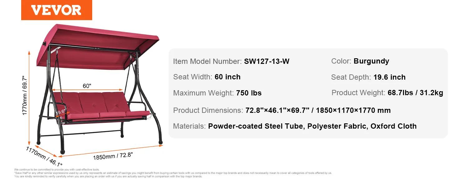 VEVOR patio swing chair, burgundy, 60-inch seat width, powder-coated steel frame, canopy shade.