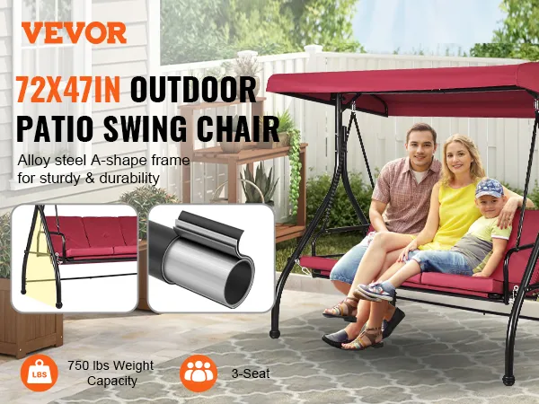 VEVOR patio swing chair with canopy seating three on a patio, alloy steel frame, 750 lbs weight capacity.