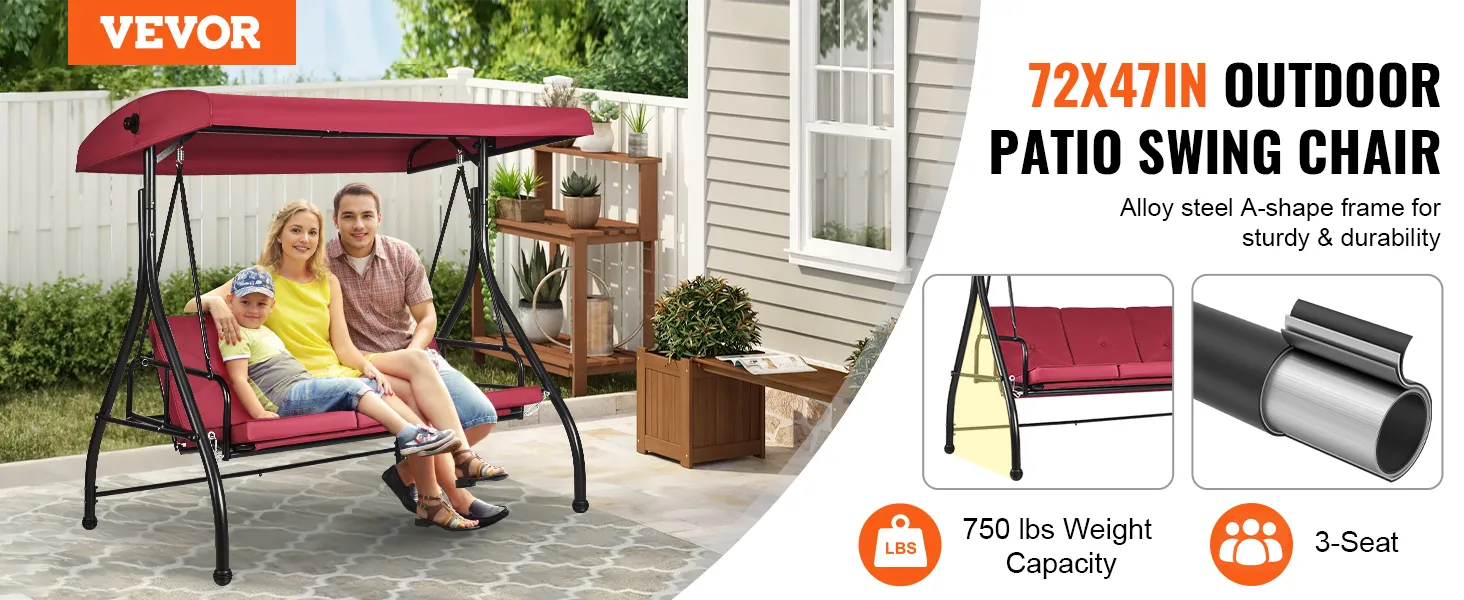 VEVOR patio swing chair with canopy seating three on a patio, alloy steel frame, 750 lbs weight capacity.