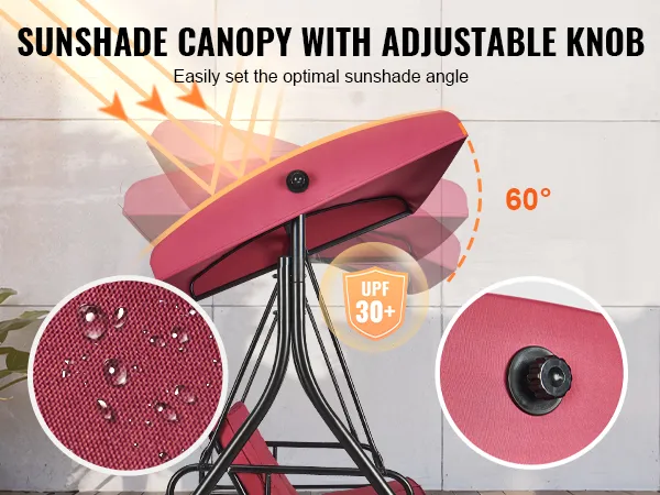 VEVOR patio swing chair with adjustable sunshade canopy, waterproof polyester fabric, upf 30+ protection.