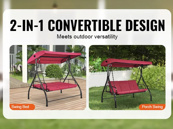 VEVOR patio swing chair in red, convertible to swing bed, displayed on porch and garden settings.