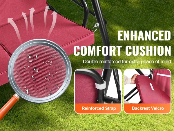 enhanced comfort of VEVOR patio swing chair, with thick seat cushion, reinforced strap, and waterproof fabric.