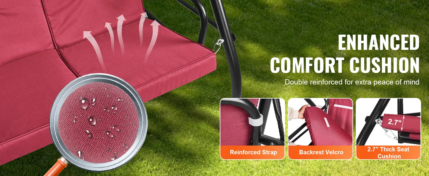 enhanced comfort of VEVOR patio swing chair, with thick seat cushion, reinforced strap, and waterproof fabric.