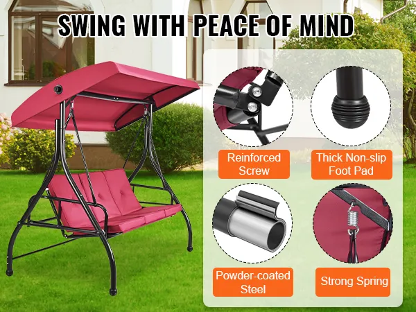 VEVOR patio swing chair with canopy in a garden, featuring reinforced screw, thick non-slip foot pad, powder-coated steel frame