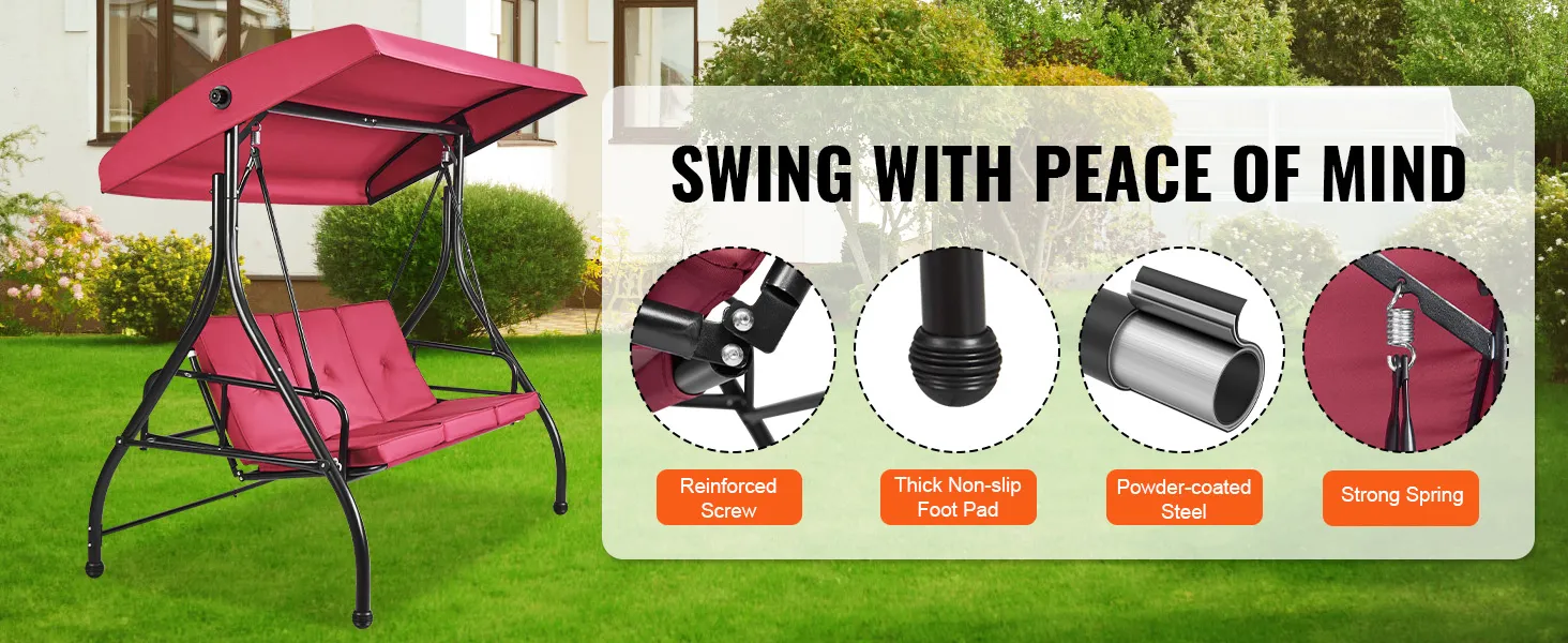 VEVOR patio swing chair with canopy in a garden, featuring reinforced screw, thick non-slip foot pad, powder-coated steel frame