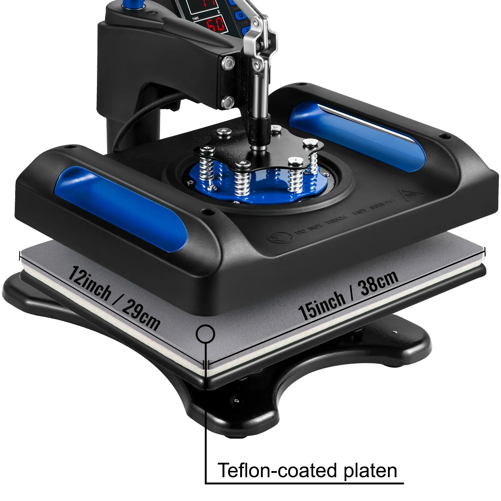 Máquina de prensado térmico VEVOR con placa recubierta de teflón de 15 pulgadas y controles digitales.