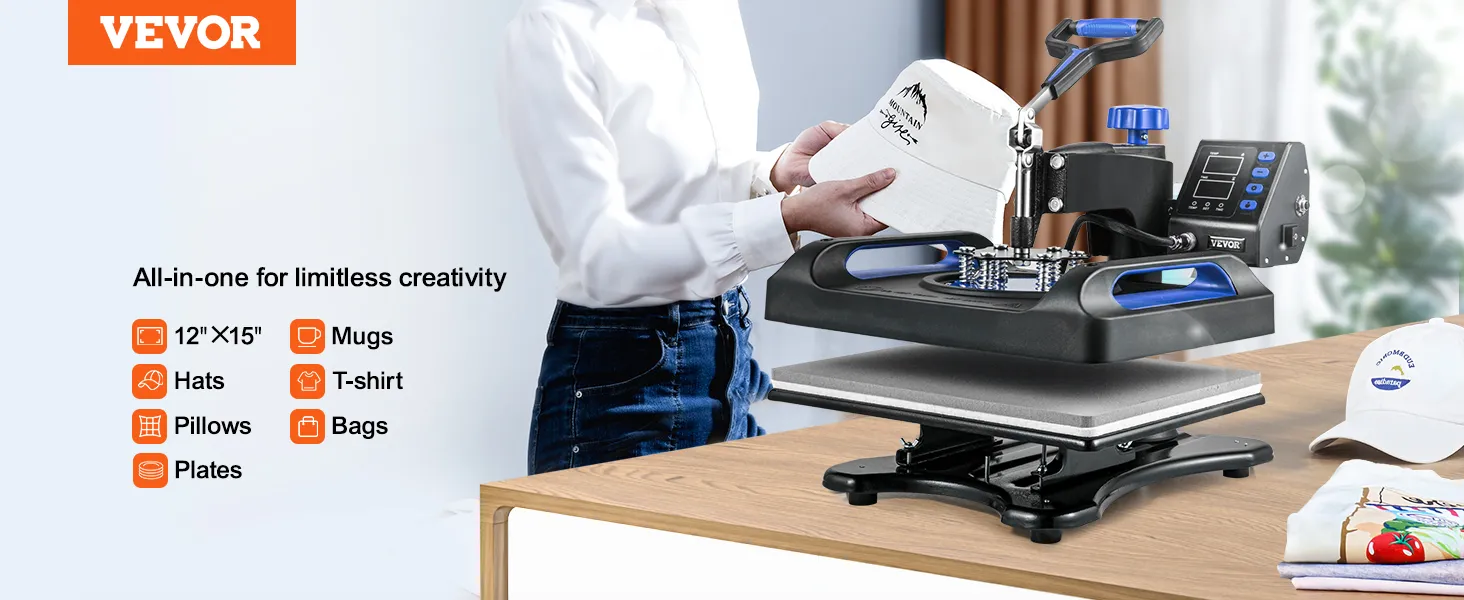 Persona que usa la máquina de prensado térmico VEVOR para imprimir un sombrero, rodeada de sombreros y camisetas.