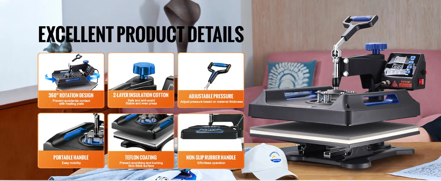 VEVOR Heat Press 15x15, Upgraded Heat Press Machine 5 in 1, Anti-Scald, Fast-Heating, Swing Away Digital Control Multifunction Heat Press for Sublimation Combo for T-Shirt Hat Cap Mug Plate