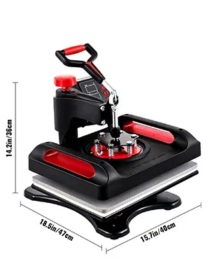 Máquina de prensado térmico VEVOR con diseño negro y rojo, dimensiones: 18,5 x 15,7 pulgadas.