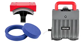 Componentes de la máquina de prensado térmico VEVOR con detalles en rojo y negro y anillos de espuma azules