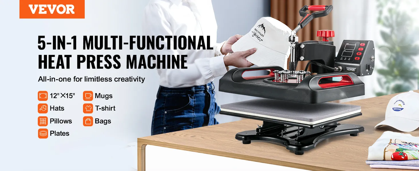 Máquina de prensado térmico VEVOR para gorras, camisetas, tazas, bolsos y platos sobre una mesa.