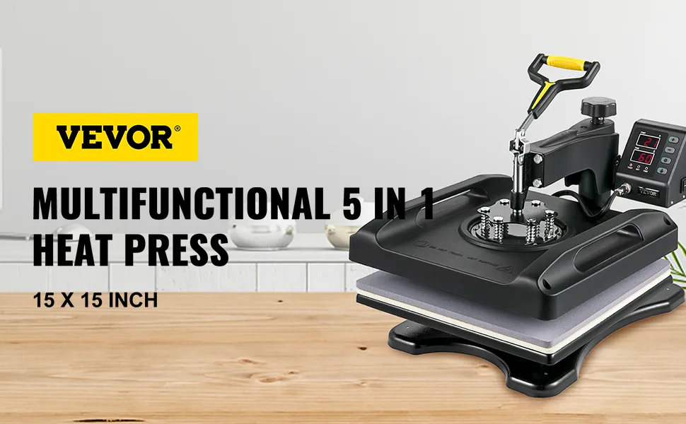 VEVOR heat press multifunctional 5 in 1 machine, 15x15 inch on wooden table.