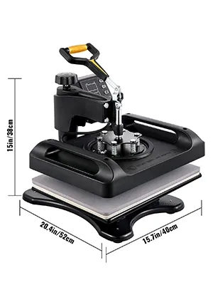 VEVOR heat press with dimensions 15in x 15.7in x 20.4in.