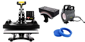 VEVOR heat press with digital control, hat press attachment, and accessories.