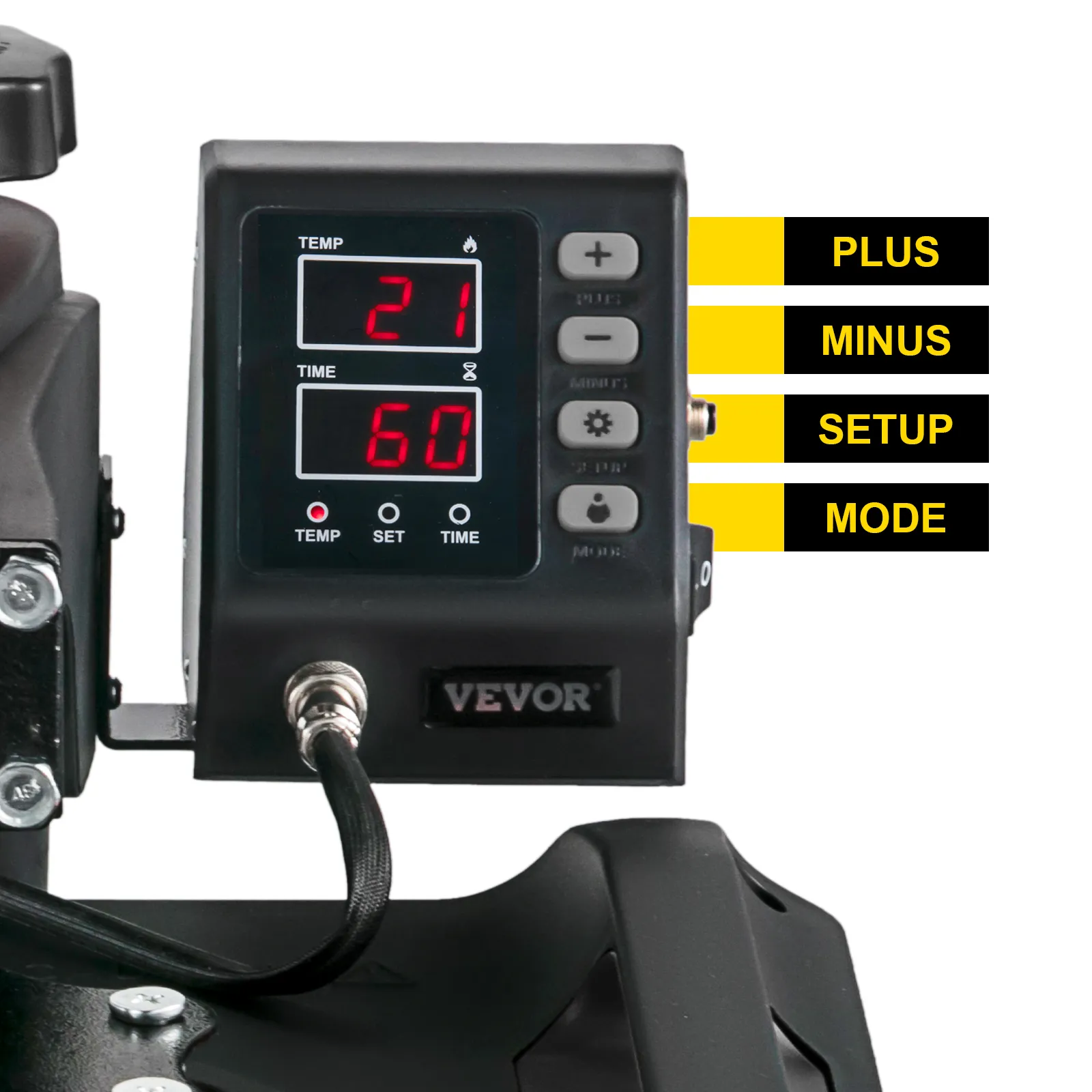 VEVOR heat press control panel with temperature and time display, plus, minus, setup, and mode buttons.