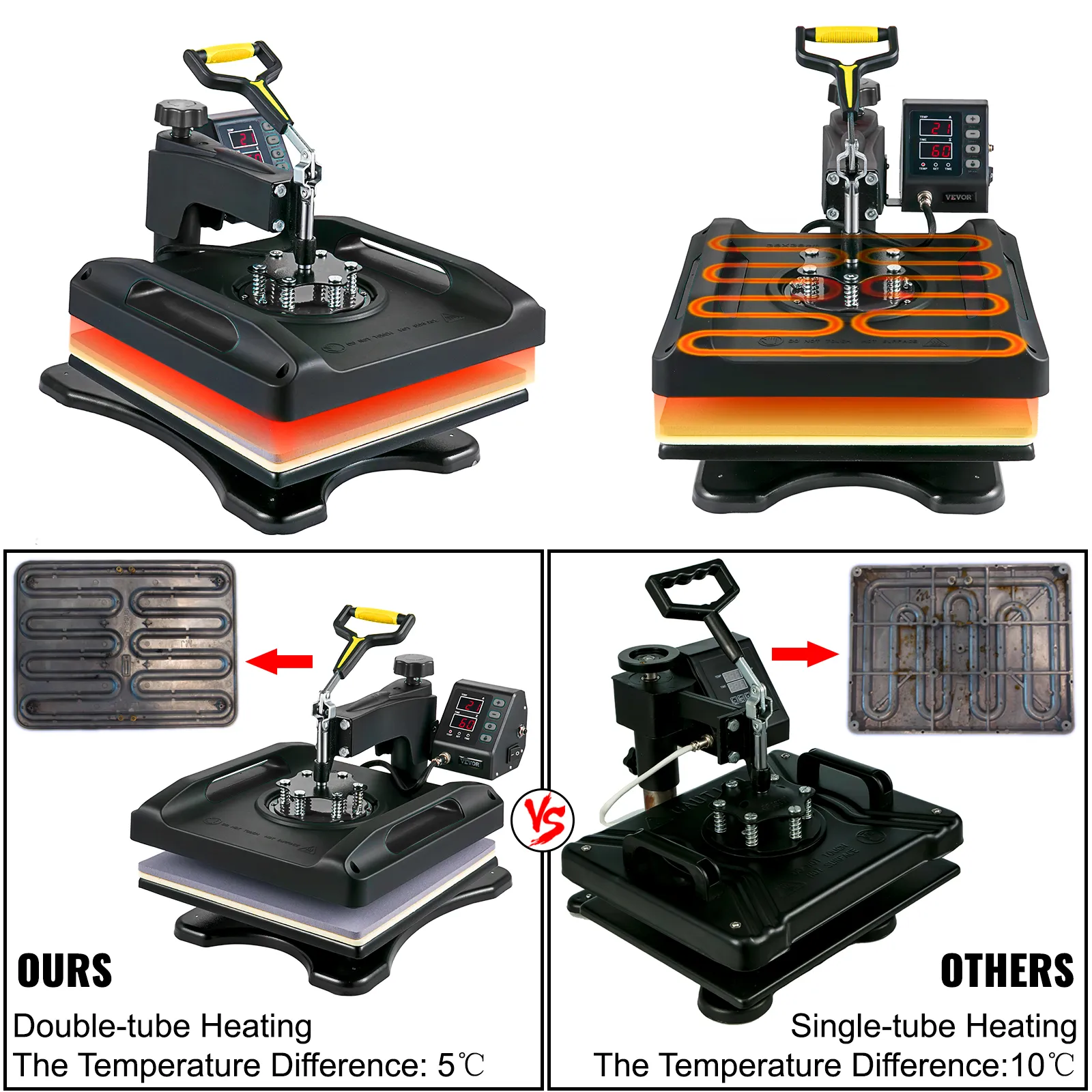 VEVOR heat press comparison, double-tube heating with 5°c difference vs. single-tube heating.