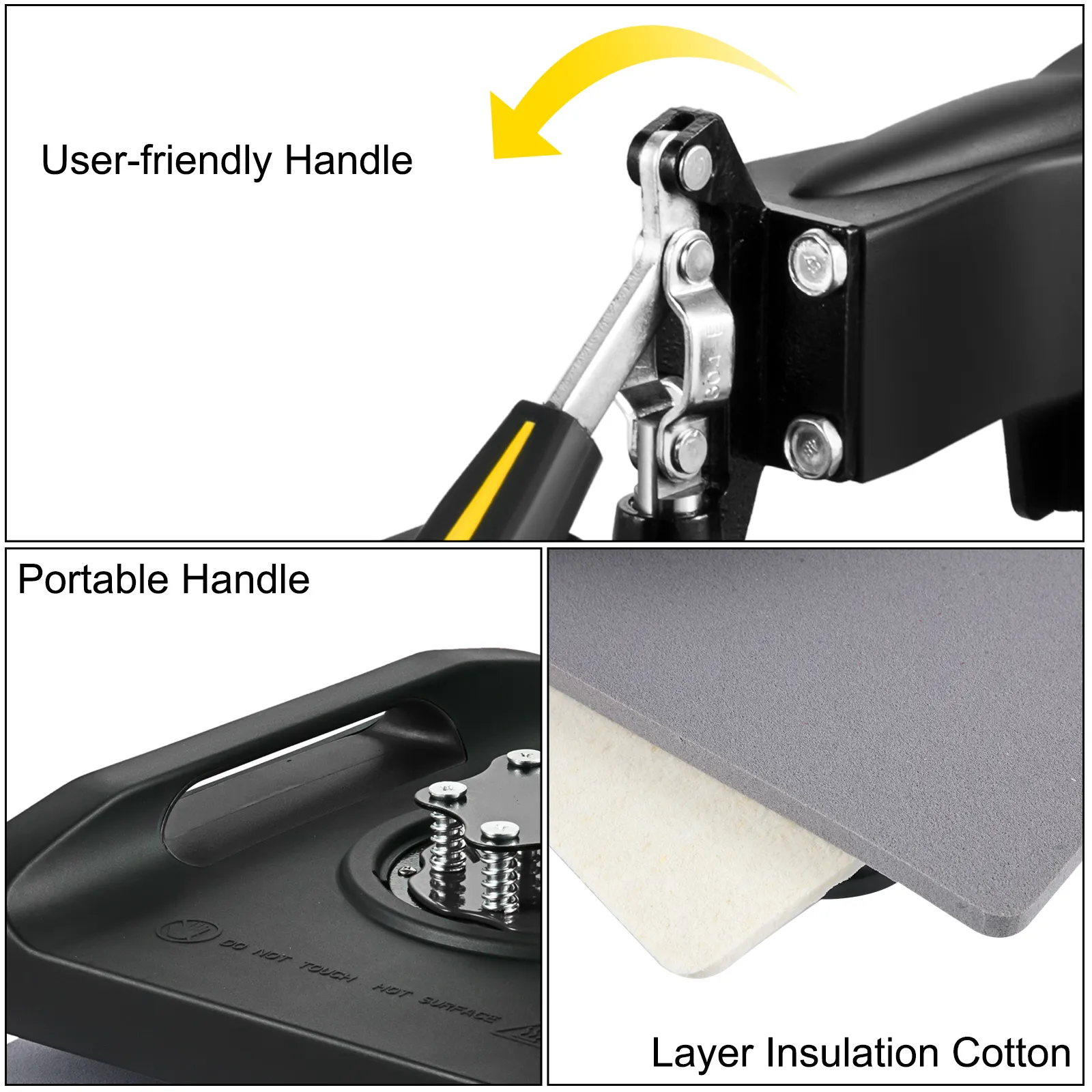 VEVOR heat press with user-friendly handle, portable design, and layer insulation cotton.