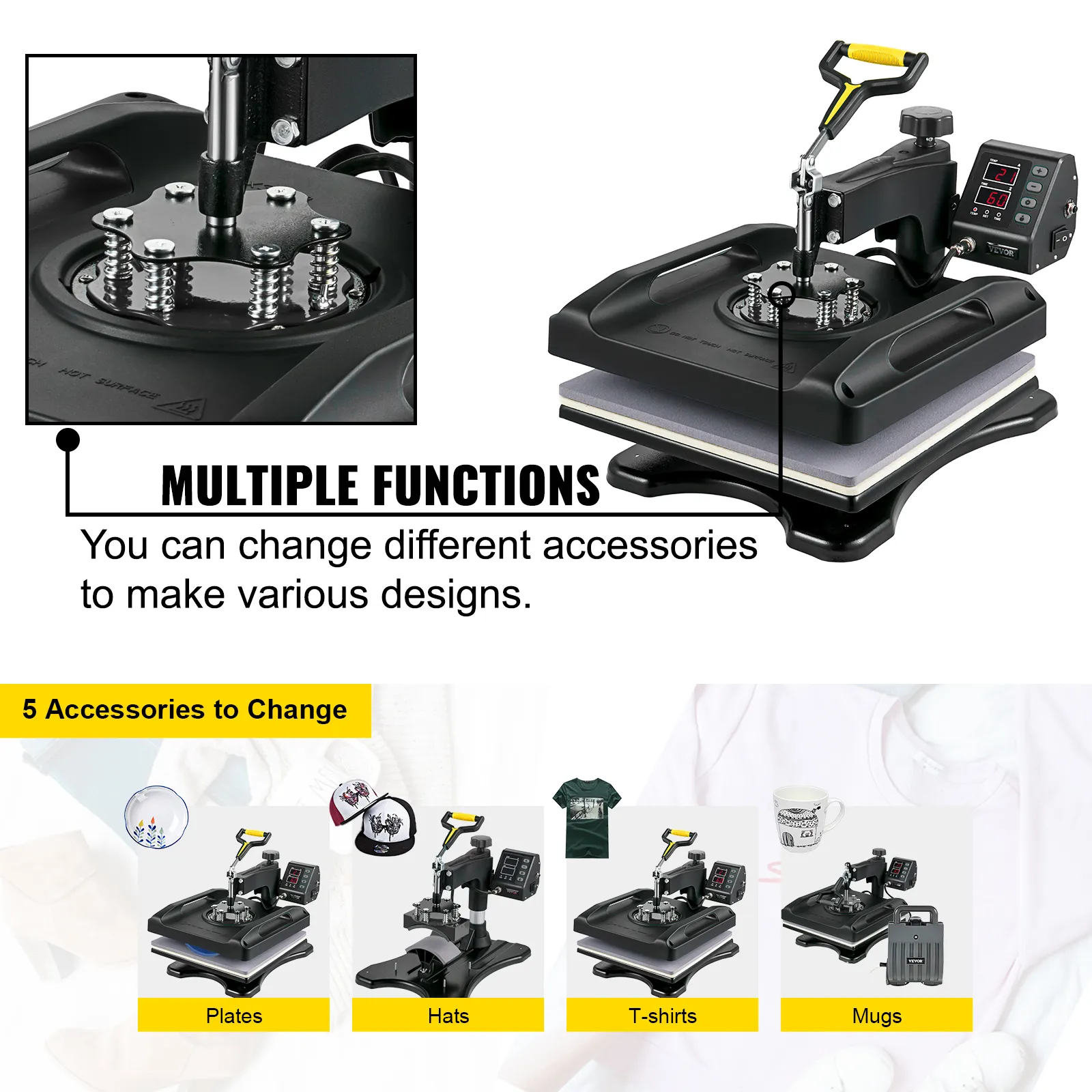 VEVOR heat press with multiple functions and accessories for plates, hats, t-shirts, mugs.