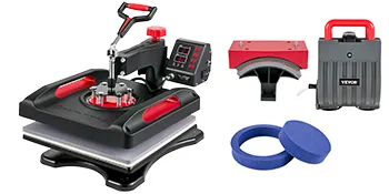 Máquina de prensado térmico VEVOR con accesorios que incluyen almohadillas redondas y elemento calefactor.