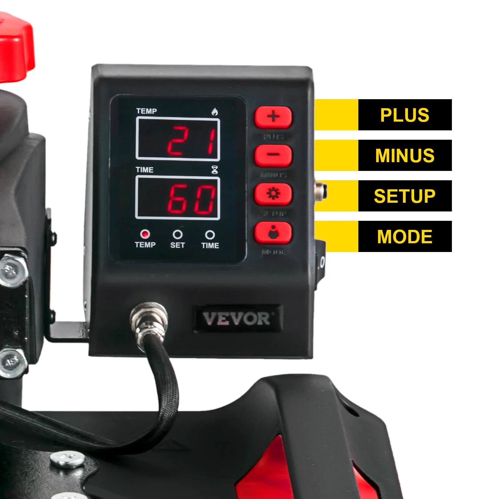 Pantalla de la máquina de prensado térmico VEVOR con temperatura y tiempo, además de botones de control rojos.