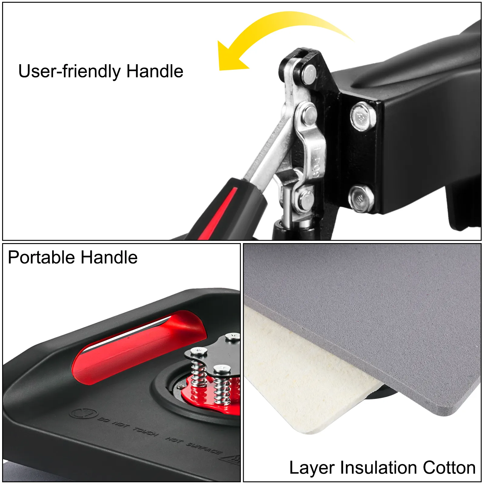 Mango fácil de usar en la máquina de prensado térmico VEVOR con mango portátil y capa aislante.