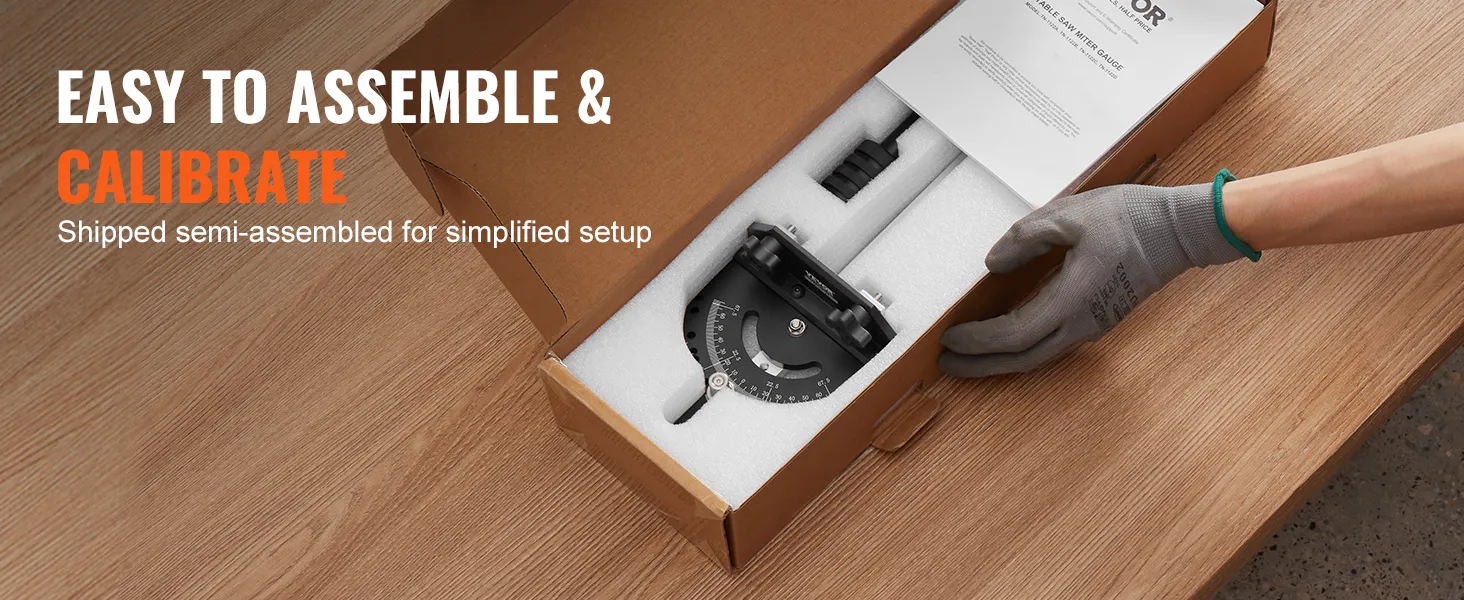easy to assemble VEVOR precision miter gauge in protective packaging, ready for calibration.