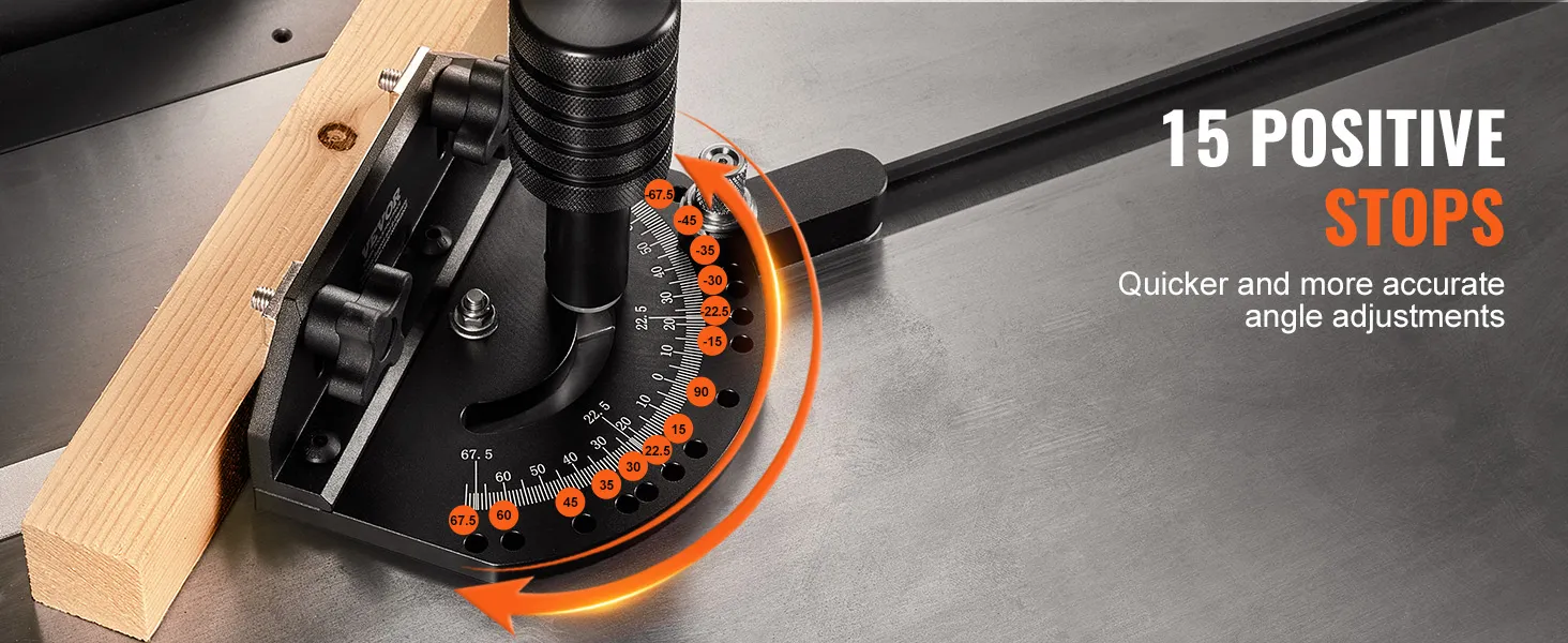 VEVOR table saw miter gauge with 15 positive stops for precise angle adjustments.