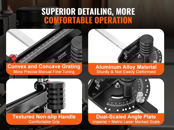 superior detailing VEVOR table saw miter gauge with convex grating, aluminum alloy, and textured handle.