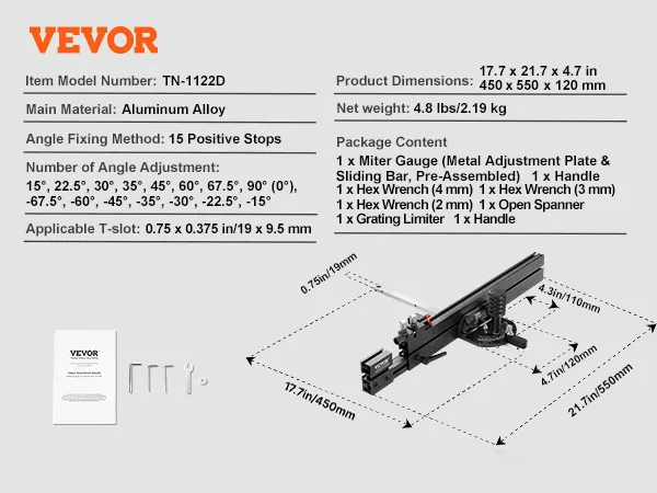 VEVOR miter gauge tn-1122d with aluminum alloy, 15 positive stops, 520x550x120mm dimensions, and tools.