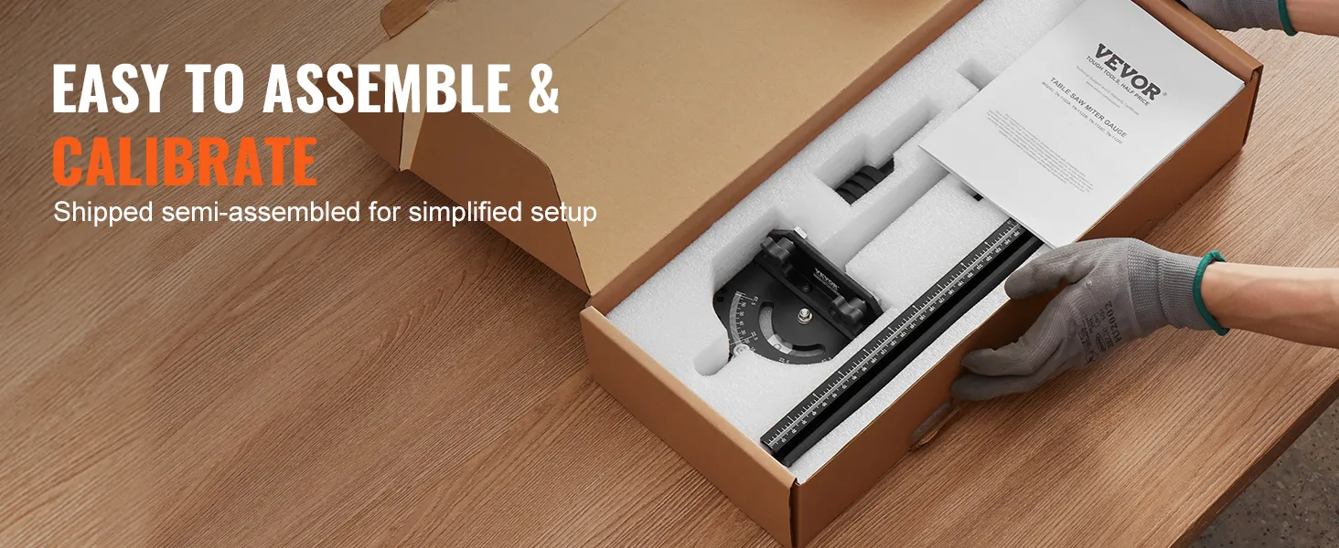VEVOR precision miter gauge in a box, easy to assemble instructions, person wearing gloves.