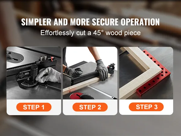 VEVOR precision miter gauge: effortlessly cut a 45° wood piece in 3 simple steps for a secure operation.