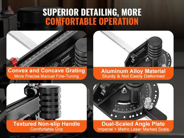 VEVOR precision miter gauge with textured handle, dual-scaled angle plate, and aluminum alloy material.
