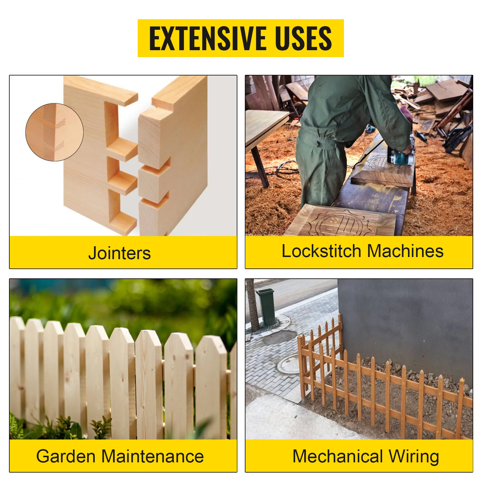 extensive uses: jointers, lockstitch machines, garden maintenance, mechanical wiring.