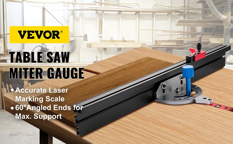 VEVOR precision miter gauge with laser marking scale and 60° angled ends for support.