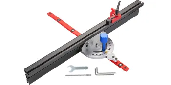 VEVOR precision miter gauge with wrench and hex keys displaying red and black components.