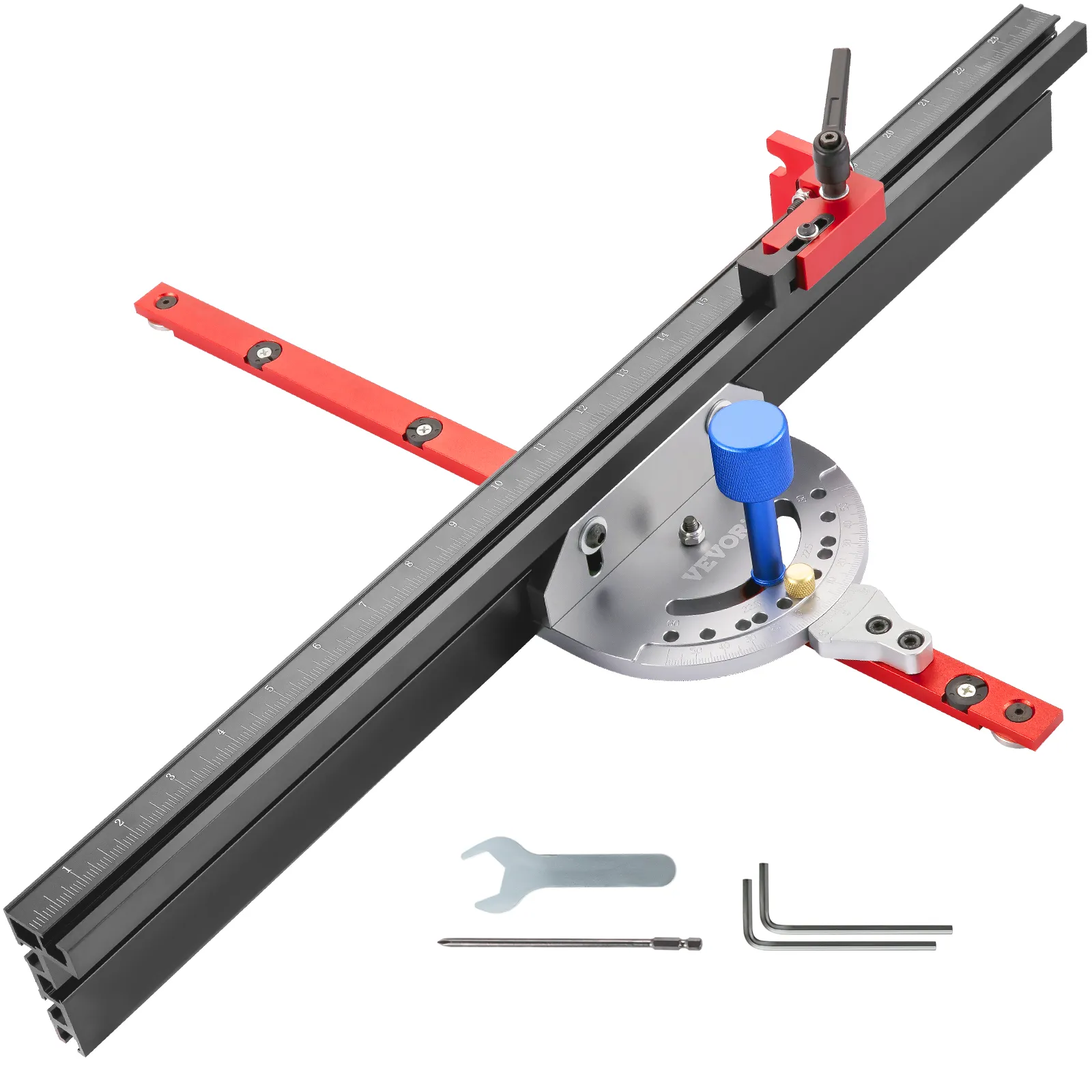 VEVOR precision miter gauge with measuring tools and adjustable components.