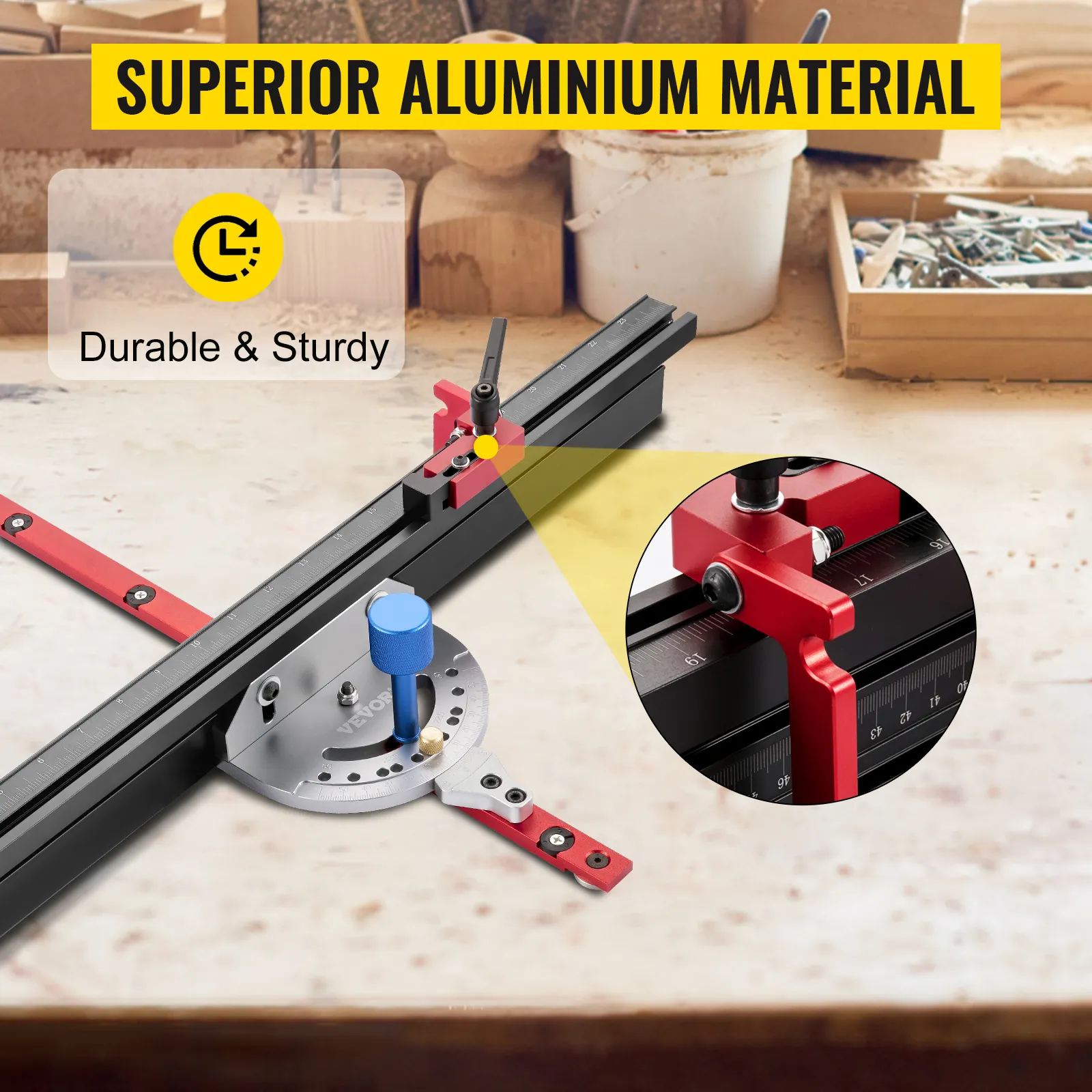 VEVOR precision miter gauge with superior aluminum material, durable and sturdy.