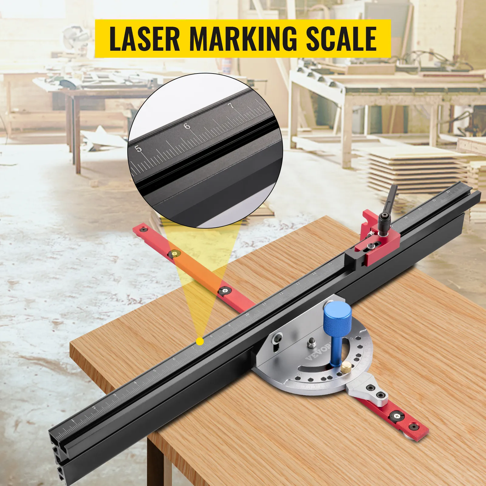VEVOR precision miter gauge with laser marking scale on a wooden workbench.