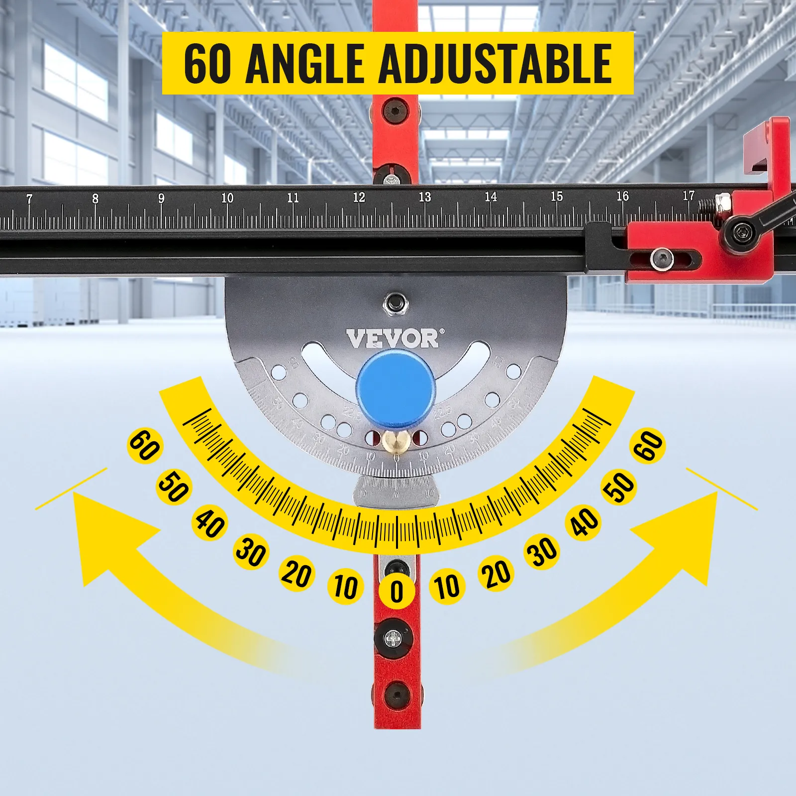 VEVOR precision miter gauge with 60-degree adjustable angle in a spacious workshop.