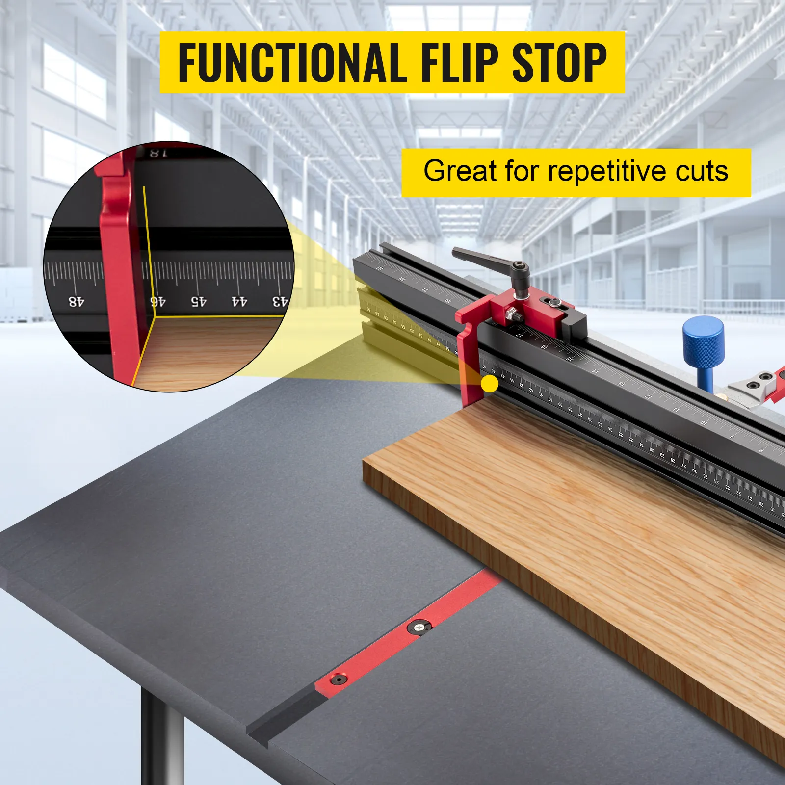 VEVOR precision miter gauge with flip stop for accurate, repetitive cuts on a saw table.