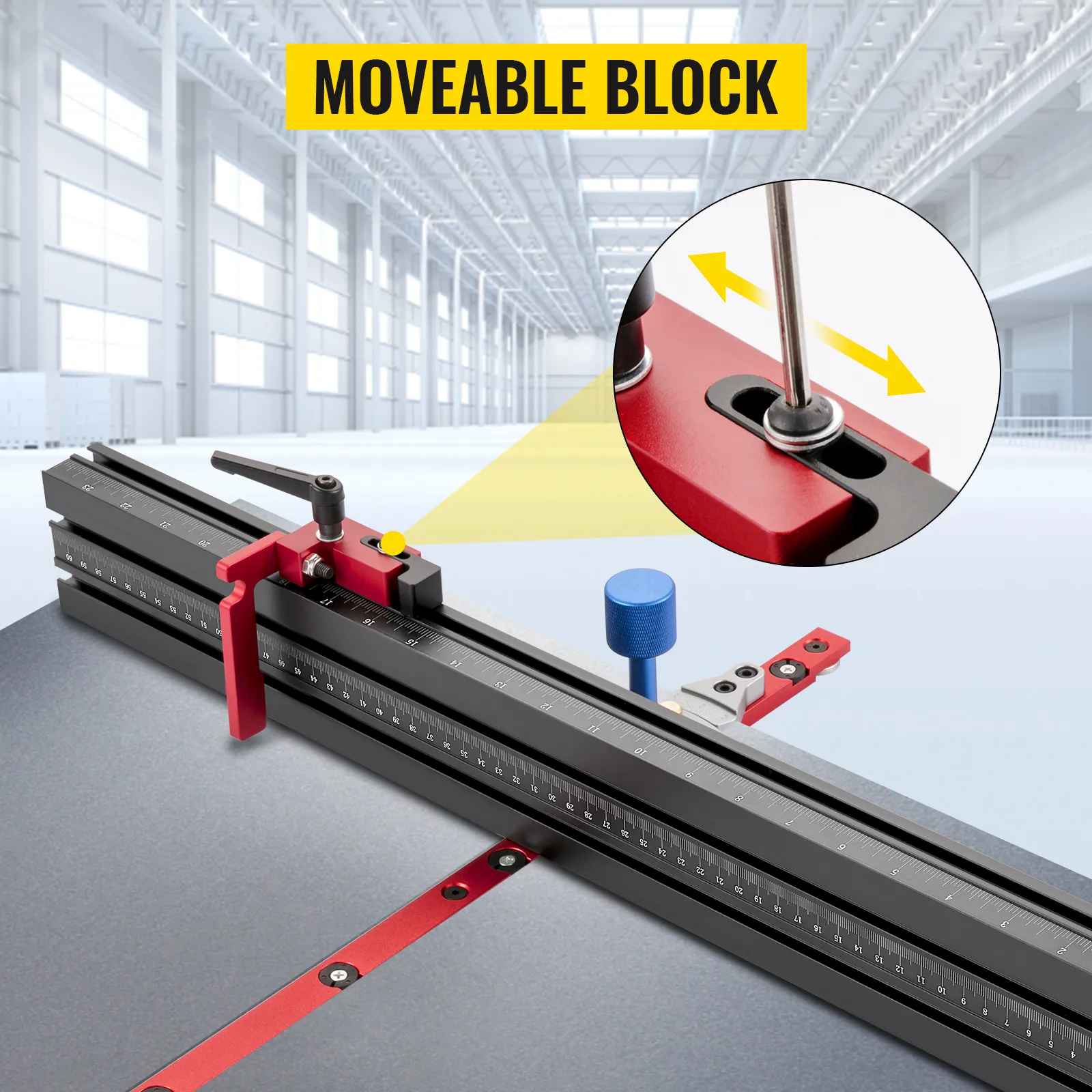 VEVOR precision miter gauge with moveable block in a bright, industrial setting.