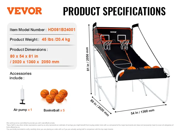 VEVOR opvouwbaar basketbalspel met twee ringen, vijf ballen en een luchtpomp, afmetingen 203x137x205 cm.