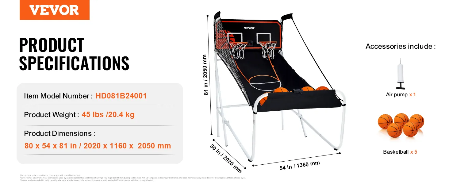 VEVOR opvouwbaar basketbalspel met twee ringen, vijf ballen en een luchtpomp, afmetingen 203x137x205 cm.