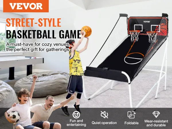 VEVOR opvouwbare basketbalarcade-opstelling met kinderen die in een gezellige binnenruimte spelen.